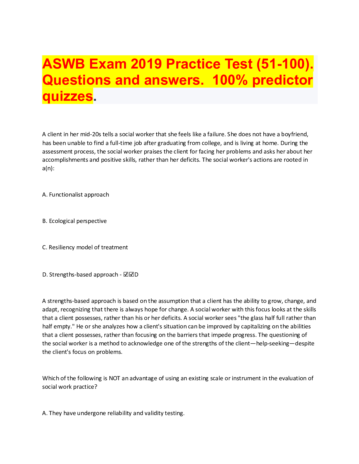 Preview image for ASWB Exam 2019 Practice Test (51-100). Questions and answers. 100% predictor quizzes.